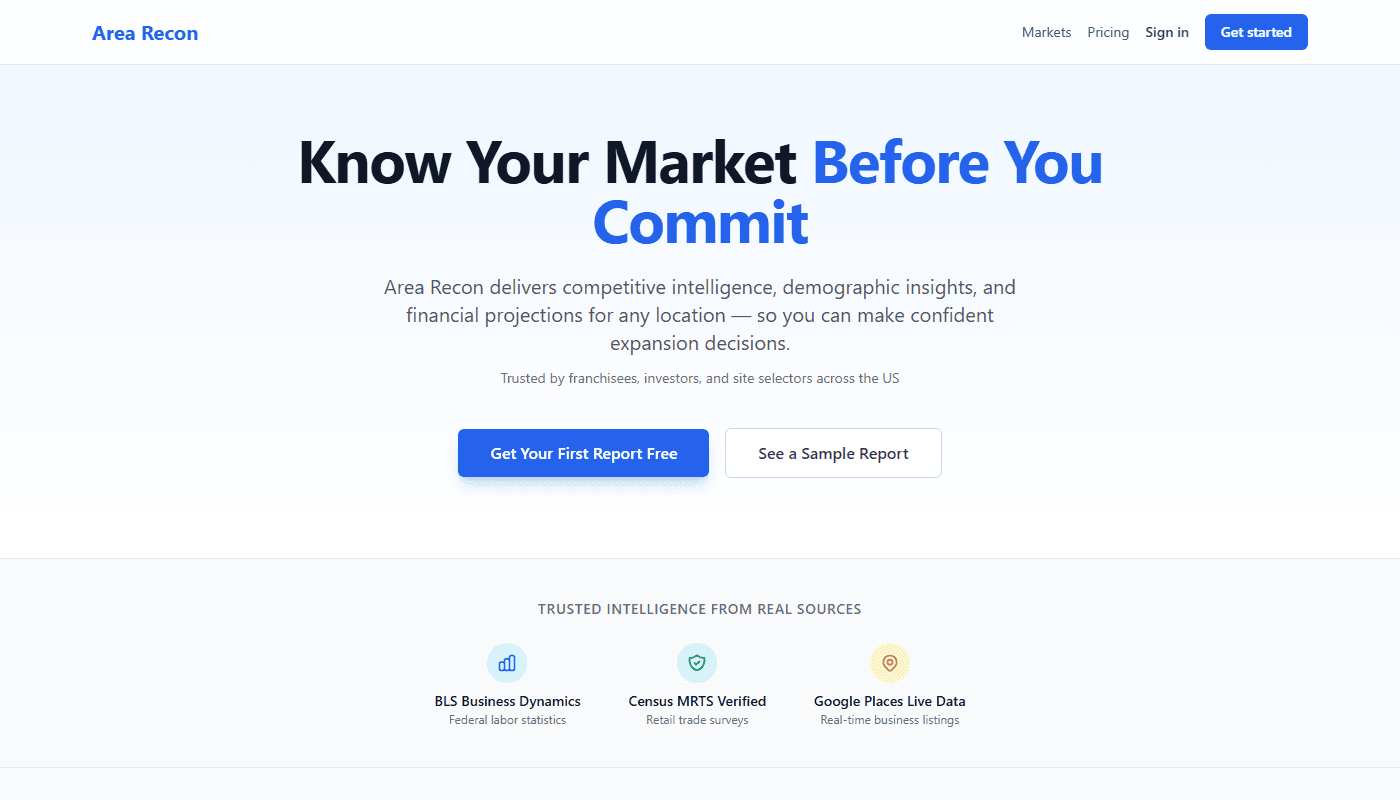 Area Recon market intelligence platform — competitive insights, demographics, and financial projections by location