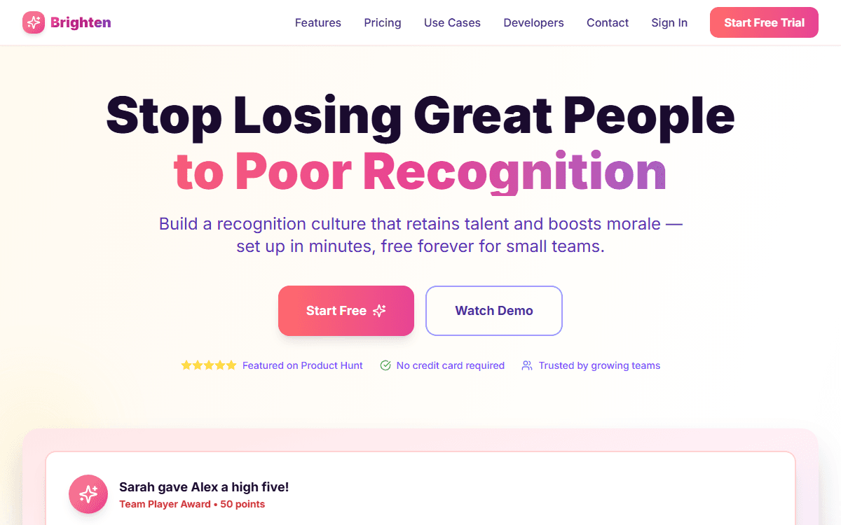 Brighten employee recognition platform — peer kudos, points, and rewards dashboard for teams