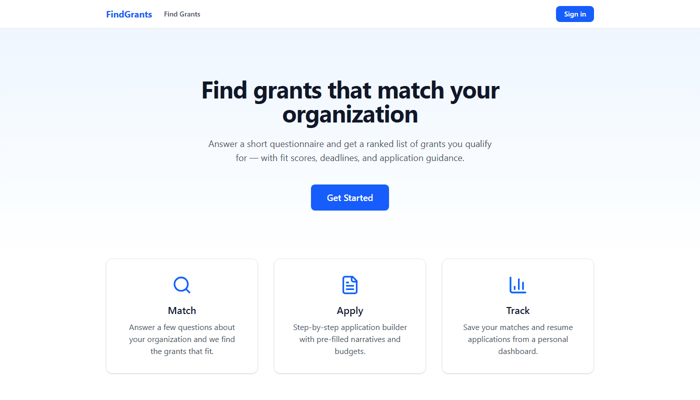FindGrants grant matching platform — ranked list of grants with fit scores and application guidance