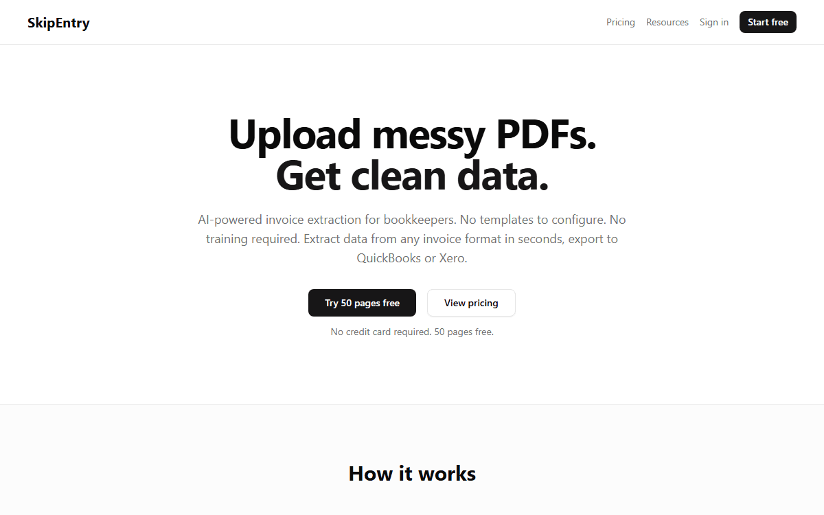 SkipEntry AI invoice extraction — upload PDFs and get clean structured data exported to QuickBooks or Xero